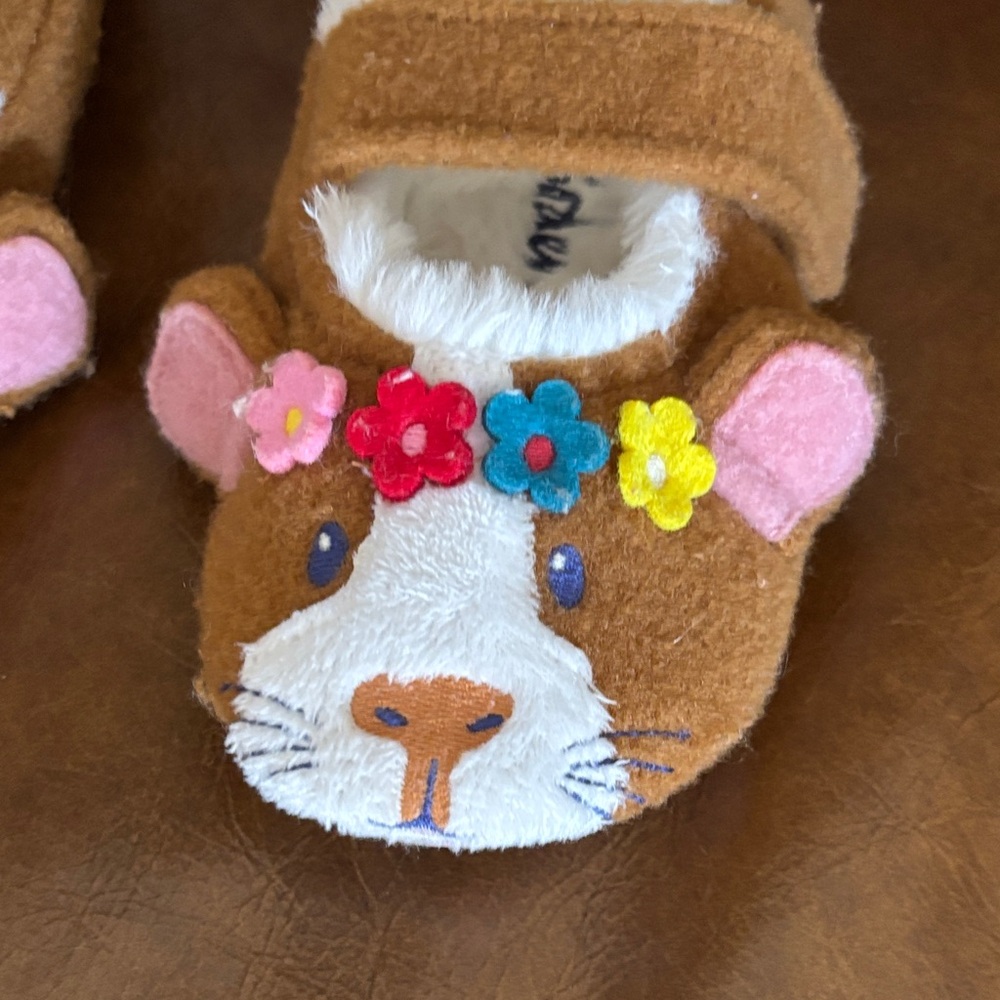 Mini Boden Brown Plush Animal Mary Janes with Colorful Flower Accents - Picture 4 of 7